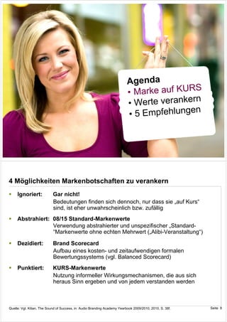 Agenda
                                                                                           S
                                                                           • Marke auf KUR
                                                                                           n
                                                                           • Werte veranker
                                                                                           n
                                                                           • 5 Empfehlunge


                                                                                                          Seite 7




4 Möglichkeiten Markenbotschaften zu verankern
     Ignoriert:             Gar nicht!
                            Bedeutungen finden sich dennoch, nur dass sie „auf Kurs“
                            sind, ist eher unwahrscheinlich bzw. zufällig
     Abstrahiert: 08/15 Standard-Markenwerte
                  Verwendung abstrahierter und unspezifischer „Standard-
                  “Markenwerte ohne echten Mehrwert („Alibi-Veranstaltung“)

     Dezidiert:             Brand Scorecard
                            Aufbau eines kosten- und zeitaufwendigen formalen
                            Bewertungssystems (vgl. Balanced Scorecard)
     Punktiert:             KURS-Markenwerte
                            Nutzung informeller Wirkungsmechanismen, die aus sich
                            heraus Sinn ergeben und von jedem verstanden werden



Quelle: Vgl. Kilian, The Sound of Success, in: Audio Branding Academy Yearbook 2009/2010, 2010, S. 38f.   Seite 8
 