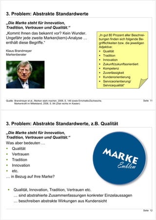 3. Problem: Abstrakte Standardwerte
„Die Marke steht für Innovation,
Tradition, Vertrauen und Qualität.“
„Kommt Ihnen das bekannt vor? Kein Wunder.                                             „In gut 80 Prozent aller Beschrei-
Ungefähr jede zweite Marken(kern)-Analyse …                                            bungen finden sich folgende Be-
enthält diese Begriffe.“                                                               grifflichkeiten bzw. die jeweiligen
                                                                                       Adjektive:
Klaus Brandmeyer                                                                           Qualität
Markenberater                                                                              Tradition
                                                                                           Innovation
                                                                                           Zukunft/zukunftsorientiert
                                                                                           Kompetenz
                                                                                           Zuverlässigkeit
                                                                                           Kundenorientierung
                                                                                           Serviceorientierung/
                                                                                           Servicequalität“



Quelle: Brandmeyer et al., Marken stark machen, 2008, S. 149 sowie Errichiello/Zschiesche,                              Seite 11
        Markenkraft im Mittelstand, 2008, S. 84 (Zitat rechts im Kasten)




3. Problem: Abstrakte Standardwerte, z.B. Qualität
„Die Marke steht für Innovation,
Tradition, Vertrauen und Qualität.“
Was aber bedeuten …
   Qualität
   Vertrauen
   Tradition
   Innovation
   etc.
… in Bezug auf Ihre Marke?


       Qualität, Innovation, Tradition, Vertrauen etc.
       … sind abstrahierte Zusammenfassungen konkreter Einzelaussagen
       … beschreiben abstrakte Wirkungen aus Kundensicht

                                                                                                                        Seite 12
 
