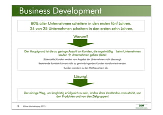 Kölner Marketingtag 20155
Business Development
80% aller Unternehmen scheitern in den ersten f80% aller Unternehmen scheitern in den ersten f80% aller Unternehmen scheitern in den ersten f80% aller Unternehmen scheitern in den ersten füüüünf Jahren.nf Jahren.nf Jahren.nf Jahren.
24 von 25 Unternehmen scheitern in den ersten zehn Jahren.24 von 25 Unternehmen scheitern in den ersten zehn Jahren.24 von 25 Unternehmen scheitern in den ersten zehn Jahren.24 von 25 Unternehmen scheitern in den ersten zehn Jahren.
Warum?Warum?Warum?Warum?
Der Hauptgrund ist die zu geringe Anzahl an Kunden, die regelmDer Hauptgrund ist die zu geringe Anzahl an Kunden, die regelmDer Hauptgrund ist die zu geringe Anzahl an Kunden, die regelmDer Hauptgrund ist die zu geringe Anzahl an Kunden, die regelmäßäßäßäßig beim Unternehmenig beim Unternehmenig beim Unternehmenig beim Unternehmen
kaufenkaufenkaufenkaufen Unternehmen gehen pleite!Unternehmen gehen pleite!Unternehmen gehen pleite!Unternehmen gehen pleite!
(Potenzielle) Kunden werden vom Angebot der Unternehmen nicht überzeugt.
Bestehende Kontakte können nicht zu gewinnbringenden Kunden transformiert werden.
Kunden wandern zu den Wettbewerbern ab.
Der einzige Weg, um langfristig erfolgreich zu sein, ist das klaDer einzige Weg, um langfristig erfolgreich zu sein, ist das klaDer einzige Weg, um langfristig erfolgreich zu sein, ist das klaDer einzige Weg, um langfristig erfolgreich zu sein, ist das klare Verstre Verstre Verstre Verstäääändnis vom Markt, vonndnis vom Markt, vonndnis vom Markt, vonndnis vom Markt, von
den Produkten und von den Zielgruppenden Produkten und von den Zielgruppenden Produkten und von den Zielgruppenden Produkten und von den Zielgruppen!!!!
LLLLöööösung!sung!sung!sung!
 