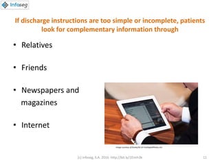 If discharge instructions are too simple or incomplete, patients
look for complementary information through
• Relatives
• Friends
• Newspapers and
magazines
• Internet
Image courtesy of franky242 at FreeDigitalPhotos.net
(c) Infoseg, S.A. 2016 http://bit.ly/1Eimh3k 11
 