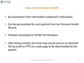 How are mind maps created?
• By automation from information contained in data bases.
• Can be personalized for each patient from her Personal Health
Record.
• Software developed in C#.NET for Windows.
• After being created, the mind map can be sent as an attached
file by email or FTP’s to a web page to be downloaded by the
patient.
(c) Infoseg, S.A. 2016 http://bit.ly/1Eimh3k 40
 