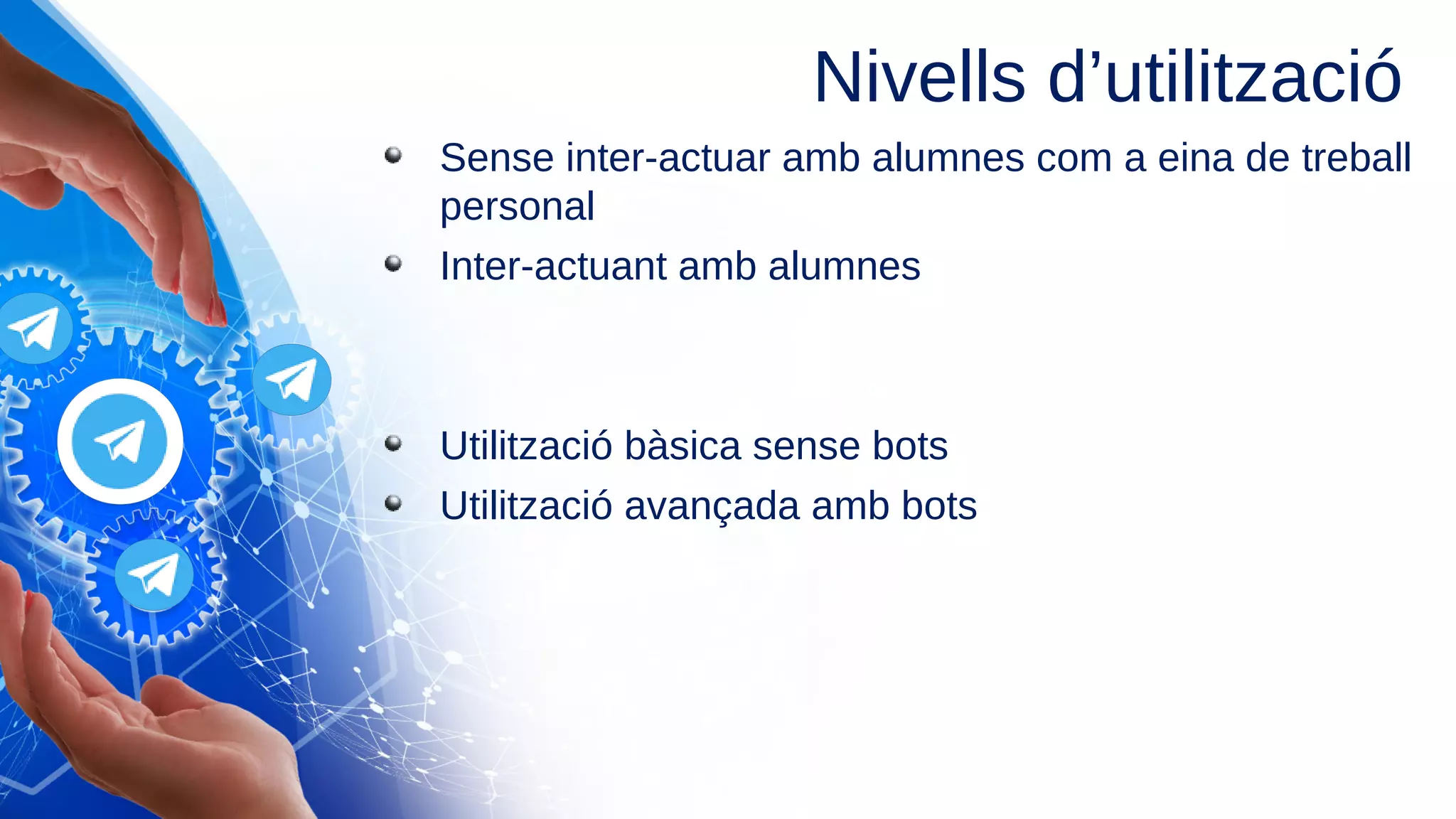 Sense inter-actuar amb alumnes com a eina de treball
personal
Inter-actuant amb alumnes
Utilització bàsica sense bots
Utilització avançada amb bots
Nivells d’utilització
 