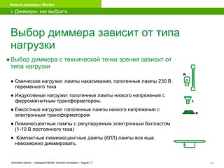 Выбор  диммер а  завис и т от типа нагруз ки Выбор  диммер а   с технической точки зрения  завис и т от типа нагруз ки   Омическ ие  нагрузки: лампы накаливания, галогенные лампы 230 В переменного тока  Индуктивные нагрузки: галоген н ые  лампы низкого напряжения  с ферромагнитным трансформатор ом. Емкостные нагрузки: галоген н ые  лампы низкого напряжения  с электронным трансформатор ом Люминесцентные лампы с  регулируемым  электронным балластом (1-10 В постоянного тока)    Компактные люминесцентные дампы (КЛЛ) лампы все еще  невозможно диммировать. >   Диммеры: как выбрать + R C L 