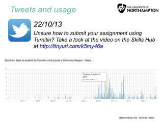 Tweets and usage
• 22/10/13
• Unsure how to submit your assignment using
Turnitin? Take a look at the video on the Skills Hub
at http://tinyurl.com/k5my46a
 