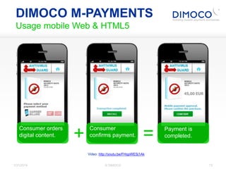 Video: http://youtu.be/FHqpWESj1Ak
DIMOCO M-PAYMENTS
Usage mobile Web & HTML5
+ =
Consumer orders
digital content.
Consume...