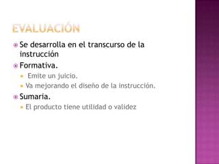 EvaluaciónSe desarrolla en el transcurso de la instrucción Formativa. Emite un juicio. Va mejorando el diseño de la instrucción. Sumaria. El producto tiene utilidad o validez