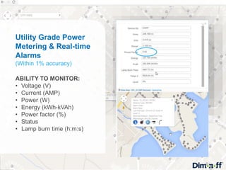 12
Utility Grade Power
Metering & Real-time
Alarms
(Within 1% accuracy)
ABILITY TO MONITOR:
• Voltage (V)
• Current (AMP)
• Power (W)
• Energy (kWh-kVAh)
• Power factor (%)
• Status
• Lamp burn time (h:m:s)
 