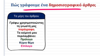 Πώς γράφουμε ένα δημοσιογραφικό άρθρο;
Τα μέρη του άρθρου
Γράφω χρησιμοποιώντας
τη γνωστή μας
παράγραφο.
Το κείμενό μου
περιλαμβάνει:
Πρόλογο
Κύριο θέμα
Επίλογο
 