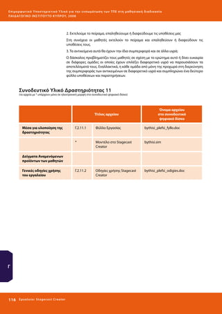 Ε πι μ ορ φ ωτικό Υποσ τηρικτικό Υλικό για την ε νσωμάτ ω σ η τ ω ν Τ Π Ε σ τ η μ α θ η σ ι α κ ή δ ι α δ ι κα σ ί α
ΠΑΙ Δ Α ΓΩ ΓΙΚΟ ΙΝ ΣΤΙΤΟΥ ΤΟ ΚΥΠΡΟΥ, 2008

2. Eκτελούμε το πείραμα, επαληθεύουμε ή διαψεύδουμε τις υποθέσεις μας
Στη συνέχεια οι μαθητές εκτελούν το πείραμα και επαληθεύουν ή διαψεύδουν τις
υποθέσεις τους.
3. Τα αντικείμενα αυτά θα έχουν την ίδια συμπεριφορά και σε άλλα υγρά;
Ο δάσκαλος προβληματίζει τους μαθητές σε σχέση με το ερώτημα αυτό ή δίνει ευκαιρία
σε διάφορες ομάδες οι οποίες έχουν επιλέξει διαφορετικό υγρό να παρουσιάσουν τα
αποτελέσματά τους. Εναλλακτικά, η κάθε ομάδα από μόνη της προχωρά στη διερεύνηση
της συμπεριφοράς των αντικειμένων σε διαφορετικό υγρό και συμπληρώνει ένα δεύτερο
φύλλο υποθέσεων και παρατηρήσεων.

Συνοδευτικό Υλικό Δραστηριότητας 11

(τα αρχεία με * υπάρχουν μόνο σε ηλεκτρονική μορφή στο συνοδευτικό ψηφιακό δίσκο)

Τίτλος αρχείου

Μέσα για υλοποίηση της
δραστηριότητας

Όνομα αρχείου
στο συνοδευτικό
ψηφιακό δίσκο

Γ.2.11.1

Φύλλο Εργασίας

bythisi_plefsi_fyllo.doc

*

Μοντέλο στο Stagecast
Creator

bythisi.sim

Γ.2.11.2

Οδηγίες χρήσης Stagecast
Creator

bythisi_plefsi_odigies.doc

Δείγματα Αναμενόμενων
προϊόντων των μαθητών
Γενικές οδηγίες χρήσης
του εργαλείου

Γ

116 

Ε ργ α λ εί ο : Sta ge cast C reator

 