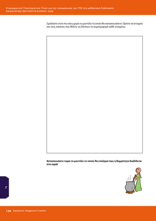 Ε πι μ ορ φ ωτικό Υποσ τηρικτικό Υλικό για την ε νσωμάτ ω σ η τ ω ν Τ Π Ε σ τ η μ α θ η σ ι α κ ή δ ι α δ ι κα σ ί α
ΠΑΙ Δ Α ΓΩ ΓΙΚΟ ΙΝ ΣΤΙΤΟΥ ΤΟ ΚΥΠΡΟΥ, 2008

Σχεδιάστε στον πιο κάτω χώρο το μοντέλο το οποίο θα κατασκευάσετε. Ορίστε τα στοιχεία
και τους κανόνες που θέλετε να διέπουν τη συμπεριφορά κάθε στοιχείου.

Κατασκευάστε τώρα το μοντέλο το οποίο θα επεξηγεί πώς η θερμότητα διαδίδεται
στα υγρά!

Γ

136 

Ε ργ α λ εί ο : Sta ge cast C reator

 