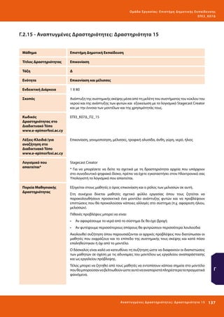 Ο μά δ α Ε ργα σ ί α ς : Ε πι σ τ ήμη Δ ημοτ ι κ ής Εκ πα ίδε υ σ η ς
ΕΠ Ι 3_ Κ 07Δ

Γ.2.15 - Αναπτυγμένες Δραστηριότητες: Δραστηριότητα 15
Μάθημα

Επιστήμη Δημοτική Εκπαίδευση

Τίτλος Δραστηριότητας

Επικονίαση

Τάξη

Δ

Ενότητα

Επικονίαση και μέλισσες

Ενδεικτική Διάρκεια

1 Χ 80

Σκοπός

Ανάπτυξη της συστημικής σκέψης μέσα από τη μελέτη του συστήματος του κύκλου του
νερού και της ανάπτυξης των φυτών και εξοικείωση με το λογισμικό Stagecast Creator
και με την έννοια των μοντέλων και της χρησιμότητάς τους.

Κωδικός
Δραστηριότητας στο
Διαδικτυακό Τόπο
www.e-epimorfosi.ac.cy

ΕΠΙ3_Κ07Δ_Π2_15

Λέξεις-Κλειδιά (για
αναζήτηση στο
Διαδικτυακό Τόπο
www.e-epimorfosi.ac.cy

Επικονίαση, γονιμοποίηση, μέλισσες, τροφική αλυσίδα, άνθη, γύρη, νερό, ήλιος

Λογισμικό που
απαιτείται*

Stagecast Creator

Πορεία Μαθησιακής
Δραστηριότητας

Εξηγείται στους μαθητές ο όρος επικονίαση και ο ρόλος των μελισσών σε αυτή.

* Για να μπορέσετε να δείτε τα σχετικά με τη δραστηριότητα αρχεία που υπάρχουν
στο συνοδευτικό ψηφιακό δίσκο, πρέπει να έχετε εγκαταστήσει στον Ηλεκτρονικό σας
Υπολογιστή το λογισμικό που απαιτείται.

Στη συνέχεια δίνεται μαθητές σχετικό φύλλο εργασίας όπου τους ζητείται να
παρακολουθήσουν προσεκτικά ένα μοντέλο ανάπτυξης φυτών και να προβλέψουν
επιπτώσεις που θα προκαλούσαν κάποιες αλλαγές στο σύστημα (π.χ. αφαίρεση ήλιου,
μελισσών).
Πιθανές προβλέψεις μπορεί να είναι:
•	 Αν αφαιρέσουμε το νερό από το σύστημα δε θα έχει βροχή
•	 Αν φυτέψουμε περισσότερους σπόρους θα φυτρώσουν περισσότερα λουλούδια
Ακολουθεί συζήτηση όπου παρουσιάζονται οι αρχικές προβλέψεις που διατύπωσαν οι
μαθητές που εκφράζουν και το επίπεδο της συστημικής τους σκέψης και κατά πόσο
επαληθεύτηκαν ή όχι από το μοντέλο.
Ο δάσκαλος είναι καλό να κατευθύνει τη συζήτηση ώστε να διαφανούν οι διαπιστώσεις
των μαθητών σε σχέση με τις αδυναμίες του μοντέλου ως εργαλείου αναπαράστασης
και ως εργαλείου πρόβλεψης.
Τέλος μπορεί να ζητηθεί από τους μαθητές να εντοπίσουν κάποια σημεία στο μοντέλο
που θα μπορούσαν να βελτιωθούν ώστε αυτό να αναπαριστά πληρέστερα τα πραγματικά
φαινόμενα.

Γ

Ανα π τ υ γμέ νες Δ ρ α σ τ ηρ ι ότ ητ ες : Δ ρ α σ τ ηρ ι ότ η τα 15

137 

 