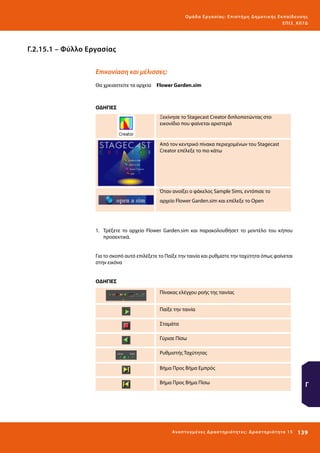 Ο μά δ α Ε ργα σ ί α ς : Ε πι σ τ ήμη Δ ημοτ ι κ ής Εκ πα ίδε υ σ η ς
ΕΠ Ι 3_ Κ 07Δ

Γ.2.15.1 – Φύλλο Εργασίας
Επικονίαση και μέλισσες:
Θα χρειαστείτε τα αρχεία 	 Flower Garden.sim

ΟΔΗΓΙΕΣ
Ξεκίνησε το Stagecast Creator διπλοπατώντας στο
εικονίδιο που φαίνεται αριστερά

Από τον κεντρικό πίνακα περιεχομένων του Stagecast
Creator επέλεξε το πιο κάτω

Όταν ανοίξει ο φάκελος Sample Sims, εντόπισε το
αρχείο Flower Garden.sim και επέλεξε το Open

1.	 Τρέξετε το αρχείο Flower Garden.sim και παρακολουθήσετ το μοντέλο του κήπου
προσεκτικά.
Για το σκοπό αυτό επιλέξετε το Παίξε την ταινία και ρυθμίστε την ταχύτητα όπως φαίνεται
στην εικόνα
ΟΔΗΓΙΕΣ
Πίνακας ελέγχου ροής της ταινίας
Παίξε την ταινία
Σταμάτα
Γύρισε Πίσω
Ρυθμιστής Ταχύτητας
Βήμα Προς Βήμα Εμπρός
Βήμα Προς Βήμα Πίσω

Ανα π τ υ γμέ νες Δ ρ α σ τ ηρ ι ότ ητ ες : Δ ρ α σ τ ηρ ι ότ η τα 15

Γ

139 

 