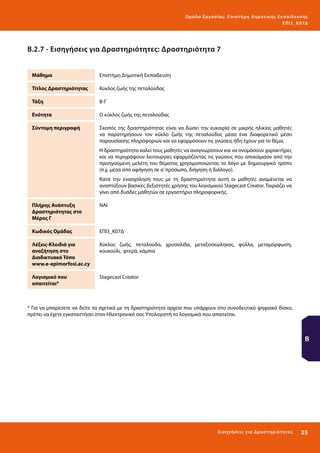 Ο μά δ α Ε ργα σ ί α ς : Ε πι σ τ ήμη Δ ημοτ ι κ ής Εκ πα ίδε υ σ η ς
ΕΠ Ι 3_ Κ 07Δ

Β.2.7 - Εισηγήσεις για Δραστηριότητες: Δραστηριότητα 7
Μάθημα

Επιστήμη Δημοτική Εκπαίδευση

Τίτλος Δραστηριότητας

Κύκλος ζωής της πεταλούδας

Τάξη

Β-Γ

Ενότητα

Ο κύκλος ζωής της πεταλούδας

Σύντομη περιγραφή

Σκοπός της δραστηριότητας είναι να δώσει την ευκαιρία σε μικρής ηλικίας μαθητές
να παρατηρήσουν τον κύκλο ζωής της πεταλούδας μέσα ένα διαφορετικό μέσο
παρουσίασης πληροφοριών και να εφαρμόσουν τις γνώσεις ήδη έχουν για το θέμα.
Η δραστηριότητα καλεί τους μαθητές να αναγνωρίσουν και να ονομάσουν χαρακτήρες
και να περιγράψουν λειτουργίες εφαρμόζοντας τις γνώσεις που αποκόμισαν από την
προηγούμενη μελέτη του θέματος χρησιμοποιώντας το λόγο με δημιουργικό τρόπο
(π.χ. μέσα από αφήγηση σε α’ πρόσωπο, διήγηση ή διάλογο).
Κατά την ενασχόλησή τους με τη δραστηριότητα αυτή οι μαθητές αναμένεται να
αναπτύξουν βασικές δεξιότητές χρήσης του λογισμικού Stagecast Creator. Ταιριάζει να
γίνει από δυάδες μαθητών σε εργαστήριο πληροφορικής.

Πλήρης Ανάπτυξη
Δραστηριότητας στο
Μέρος Γ

ΝΑΙ

Κωδικός Ομάδας

ΕΠΙ3_Κ07Δ

Λέξεις-Κλειδιά για
αναζήτηση στο
Διαδικτυακό Τόπο
www.e-epimorfosi.ac.cy

Κύκλος ζωής, πεταλούδα, χρυσαλίδα, μεταξοσκώληκας, φύλλα, μεταμόρφωση,
κουκούλι, φτερά, κάμπια

Λογισμικό που
απαιτείται*

Stagecast Creator

* Για να μπορέσετε να δείτε τα σχετικά με τη δραστηριότητα αρχεία που υπάρχουν στο συνοδευτικό ψηφιακό δίσκο,
πρέπει να έχετε εγκαταστήσει στον Ηλεκτρονικό σας Υπολογιστή το λογισμικό που απαιτείται.

Β

Ε ι σ ηγήσει ς γι α Δ ρ α σ τ ηριότ η τ ες

25 

 