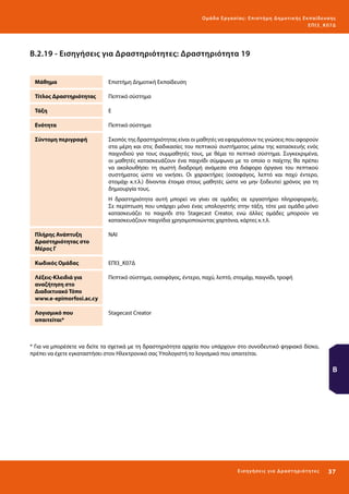 Ο μά δ α Ε ργα σ ί α ς : Ε πι σ τ ήμη Δ ημοτ ι κ ής Εκ πα ίδε υ σ η ς
ΕΠ Ι 3_ Κ 07Δ

Β.2.19 - Εισηγήσεις για Δραστηριότητες: Δραστηριότητα 19
Μάθημα

Επιστήμη Δημοτική Εκπαίδευση

Τίτλος Δραστηριότητας

Πεπτικό σύστημα

Τάξη

Ε

Ενότητα

Πεπτικό σύστημα

Σύντομη περιγραφή

Σκοπός της δραστηριότητας είναι οι μαθητές να εφαρμόσουν τις γνώσεις που αφορούν
στα μέρη και στις διαδικασίες του πεπτικού συστήματος μέσω της κατασκευής ενός
παιχνιδιού για τους συμμαθητές τους, με θέμα το πεπτικό σύστημα. Συγκεκριμένα,
οι μαθητές κατασκευάζουν ένα παιχνίδι σύμφωνα με το οποίο ο παίχτης θα πρέπει
να ακολουθήσει τη σωστή διαδρομή ανάμεσα στα διάφορα όργανα του πεπτικού
συστήματος ώστε να νικήσει. Οι χαρακτήρες (οισοφάγος, λεπτό και παχύ έντερο,
στομάχι κ.τ.λ.) δίνονται έτοιμα στους μαθητές ώστε να μην ξοδευτεί χρόνος για τη
δημιουργία τους.
Η δραστηριότητα αυτή μπορεί να γίνει σε ομάδες σε εργαστήριο πληροφορικής.
Σε περίπτωση που υπάρχει μόνο ένας υπολογιστής στην τάξη, τότε μια ομάδα μόνο
κατασκευάζει το παιχνίδι στο Stagecast Creator, ενώ άλλες ομάδες μπορούν να
κατασκευάζουν παιχνίδια χρησιμοποιώντας χαρτόνια, κάρτες κ.τ.λ.

Πλήρης Ανάπτυξη
Δραστηριότητας στο
Μέρος Γ

ΝΑΙ

Κωδικός Ομάδας

ΕΠΙ3_Κ07Δ

Λέξεις-Κλειδιά για
αναζήτηση στο
Διαδικτυακό Τόπο
www.e-epimorfosi.ac.cy

Πεπτικό σύστημα, οισοφάγος, έντερο, παχύ, λεπτό, στομάχι, παιγνίδι, τροφή

Λογισμικό που
απαιτείται*

Stagecast Creator

* Για να μπορέσετε να δείτε τα σχετικά με τη δραστηριότητα αρχεία που υπάρχουν στο συνοδευτικό ψηφιακό δίσκο,
πρέπει να έχετε εγκαταστήσει στον Ηλεκτρονικό σας Υπολογιστή το λογισμικό που απαιτείται.

Β

Ε ι σ ηγήσει ς γι α Δ ρ α σ τ ηριότ η τ ες

37 

 