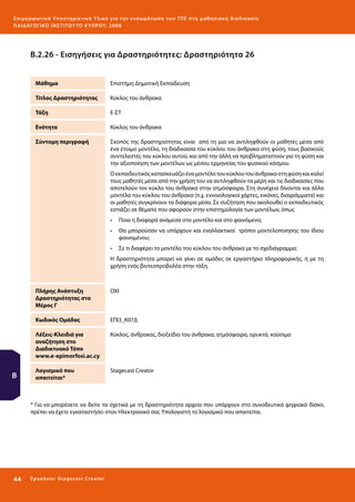 Ε πι μ ορ φ ωτικό Υποσ τηρικτικό Υλικό για την ε νσωμάτ ω σ η τ ω ν Τ Π Ε σ τ η μ α θ η σ ι α κ ή δ ι α δ ι κα σ ί α
ΠΑΙ Δ Α ΓΩ ΓΙΚΟ ΙΝ ΣΤΙΤΟΥ ΤΟ ΚΥΠΡΟΥ, 2008

Β.2.26 - Εισηγήσεις για Δραστηριότητες: Δραστηριότητα 26
Μάθημα

Επιστήμη Δημοτική Εκπαίδευση

Τίτλος Δραστηριότητας

Κύκλος του άνθρακα

Τάξη

Ε-ΣΤ

Ενότητα

Κύκλος του άνθρακα

Σύντομη περιγραφή

Σκοπός της δραστηριότητας είναι από τη μια να αντιληφθούν οι μαθητές μέσα από
ένα έτοιμο μοντέλο, τη διαδικασία του κύκλου του άνθρακα στη φύση, τους βασικούς
συντελεστές του κύκλου αυτού, και από την άλλη να προβληματιστούν για τη φύση και
την αξιοποίηση των μοντέλων ως μέσου ερμηνείας του φυσικού κόσμου.
Ο εκπαιδευτικός κατασκευάζει ένα μοντέλο του κύκλου του άνθρακα στη φύση και καλεί
τους μαθητές μέσα από την χρήση του να αντιληφθούν τα μέρη και τις διαδικασίες που
αποτελούν τον κύκλο του άνθρακα στην ατμόσφαιρα. Στη συνέχεια δίνονται και άλλα
μοντέλα του κύκλου του άνθρακα (π.χ. εννοιολογικοί χάρτες, εικόνες, διαγράμματα) και
οι μαθητές συγκρίνουν τα διάφορα μέσα. Σε συζήτηση που ακολουθεί ο εκπαιδευτικός
εστιάζει σε θέματα που αφορούν στην επιστημολογία των μοντέλων, όπως
•	 Ποια η διαφορά ανάμεσα στο μοντέλο και στο φαινόμενο;
•	 Θα μπορούσαν να υπάρχουν και εναλλακτικοί τρόποι μοντελοποίησης του ίδιου
φαινομένου;
•	 Σε τι διαφέρει το μοντέλο του κύκλου του άνθρακα με το σχεδιάγραμμα;
Η δραστηριότητα μπορεί να γίνει σε ομάδες σε εργαστήριο πληροφορικής, ή με τη
χρήση ενός βιντεοπροβολέα στην τάξη.

Πλήρης Ανάπτυξη
Δραστηριότητας στο
Μέρος Γ
Κωδικός Ομάδας

ΕΠΙ3_Κ07Δ

Λέξεις-Κλειδιά για
αναζήτηση στο
Διαδικτυακό Τόπο
www.e-epimorfosi.ac.cy

Β

ΟΧΙ

Κύκλος, άνθρακας, διοξείδιο του άνθρακα, ατμόσφαιρα, ορυκτά, καύσιμα

Λογισμικό που
απαιτείται*

Stagecast Creator

* Για να μπορέσετε να δείτε τα σχετικά με τη δραστηριότητα αρχεία που υπάρχουν στο συνοδευτικό ψηφιακό δίσκο,
πρέπει να έχετε εγκαταστήσει στον Ηλεκτρονικό σας Υπολογιστή το λογισμικό που απαιτείται.

44 

Ε ργ α λ εί ο : Sta ge cast C reator

 