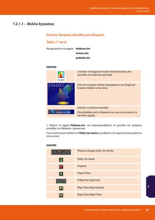 Ο μά δ α Ε ργα σ ί α ς : Ε πι σ τ ήμη Δ ημοτ ι κ ής Εκ πα ίδε υ σ η ς
ΕΠ Ι 3_ Κ 07Δ

Γ.2.1.1 – Φύλλο Εργασίας
Ενότητα Τροφικές αλυσίδες και πλέγματα:
Τάξεις: Γ’ και Δ΄
Θα χρειαστείτε τα αρχεία 	 thalassa.sim
								

erimos.sim

								

pediada.sim

ΟΔΗΓΙΕΣ
Ξεκίνησε το Stagecast Creator διπλοπατώντας στο
εικονίδιο που φαίνεται αριστερά

Από τον κεντρικό πίνακα περιεχομένων του Stagecast
Creator επέλεξε το πιο κάτω

Επέλεξε το διπλανό εικονίδιο
Ζήτα βοήθεια από το δάσκαλό σου για να εντοπίσεις τα
πιο πάνω αρχεία

1. Τρέξετε το αρχείο thalassa.sim και παρακολουθήσετε το μοντέλο της τροφικής
αλυσίδας στη θάλασσα προσεκτικά.
Για το σκοπό αυτό επιλέξετε το Παίξε την ταινία και ρυθμίστε την ταχύτητα όπως φαίνεται
στην εικόνα
ΟΔΗΓΙΕΣ
Πίνακας ελέγχου ροής της ταινίας
Παίξε την ταινία
Σταμάτα
Γύρισε Πίσω
Ρυθμιστής Ταχύτητας
Βήμα Προς Βήμα Εμπρός

Γ

Βήμα Προς Βήμα Πίσω

Ανα π τ υ γμέ νες Δ ρ α σ τ ηρ ι ότ ητ ες : Δ ρ α σ τ ηρ ι ότ η τα 1

57 

 