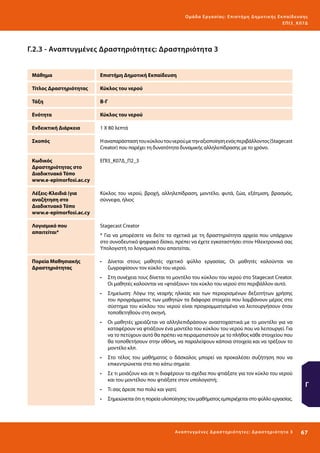 Ο μά δ α Ε ργα σ ί α ς : Ε πι σ τ ήμη Δ ημοτ ι κ ής Εκ πα ίδε υ σ η ς
ΕΠ Ι 3_ Κ 07Δ

Γ.2.3 - Αναπτυγμένες Δραστηριότητες: Δραστηριότητα 3
Μάθημα

Επιστήμη Δημοτική Εκπαίδευση

Τίτλος Δραστηριότητας

Κύκλος του νερού

Τάξη

Β-Γ

Ενότητα

Κύκλος του νερού

Ενδεικτική Διάρκεια

1 Χ 80 λεπτά

Σκοπός

Η αναπαράσταση του κύκλου του νερού με την αξιοποίηση ενός περιβάλλοντος (Stagecast
Creator) που παρέχει τη δυνατότητα δυναμικής αλληλεπίδρασης με το χρόνο.

Κωδικός
Δραστηριότητας στο
Διαδικτυακό Τόπο
www.e-epimorfosi.ac.cy

ΕΠΙ3_Κ07Δ_Π2_3

Λέξεις-Κλειδιά (για
αναζήτηση στο
Διαδικτυακό Τόπο
www.e-epimorfosi.ac.cy

Κύκλος του νερού, βροχή, αλληλεπίδραση, μοντέλο, φυτά, ζώα, εξάτμιση, βρασμός,
σύννεφα, ήλιος

Λογισμικό που
απαιτείται*

Stagecast Creator

Πορεία Μαθησιακής
Δραστηριότητας

•	 Δίνεται στους μαθητές σχετικό φύλλο εργασίας. Οι μαθητές καλούνται να
ζωγραφίσουν τον κύκλο του νερού.

* Για να μπορέσετε να δείτε τα σχετικά με τη δραστηριότητα αρχεία που υπάρχουν
στο συνοδευτικό ψηφιακό δίσκο, πρέπει να έχετε εγκαταστήσει στον Ηλεκτρονικό σας
Υπολογιστή το λογισμικό που απαιτείται.

•	 Στη συνέχεια τους δίνεται το μοντέλο του κύκλου του νερού στο Stagecast Creator.
Οι μαθητές καλούνται να «φτιάξουν» τον κύκλο του νερού στο περιβάλλον αυτό.
•	 Σημείωση: Λόγω της νεαρής ηλικίας και των περιορισμένων δεξιοτήτων χρήσης
του προγράμματος των μαθητών τα διάφορα στοιχεία που λαμβάνουν μέρος στο
σύστημα του κύκλου του νερού είναι προγραμματισμένα να λειτουργήσουν όταν
τοποθετηθούν στη σκηνή.
•	 Οι μαθητές χρειάζεται να αλληλεπιδράσουν αναστοχαστικά με το μοντέλο για να
καταφέρουν να φτιάξουν ένα μοντέλο του κύκλου του νερού που να λειτουργεί. Για
να το πετύχουν αυτό θα πρέπει να πειραματιστούν με το πλήθος κάθε στοιχείου που
θα τοποθετήσουν στην οθόνη, να παραλείψουν κάποια στοιχεία και να τρέξουν το
μοντέλο κλπ.
•	 Στο τέλος του μαθήματος ο δάσκαλος μπορεί να προκαλέσει συζήτηση που να
επικεντρώνεται στα πιο κάτω σημεία:
•	 Σε τι μοιάζουν και σε τι διαφέρουν τα σχέδια που φτιάξατε για τον κύκλο του νερού
και του μοντέλου που φτιάξατε στον υπολογιστή;
•	 Τι σας άρεσε πιο πολύ και γιατί;

Γ

•	 Σημειώνεται ότι η πορεία υλοποίησης του μαθήματος εμπεριέχεται στο φύλλο εργασίας.

Ανα π τ υ γμέ νες Δ ρ α σ τ ηρ ι ότ ητ ες : Δ ρ α σ τ ηρ ι ότ η τα 3

67 

 