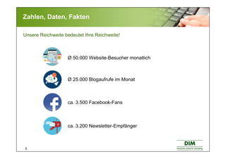 5
Zahlen, Daten, Fakten
Unsere Reichweite bedeutet Ihre Reichweite!
Ø 50.000 Website-Besucher monatlich
ca. 3.200 Newsletter-Empfänger
ca. 3.500 Facebook-Fans
Ø 25.000 Blogaufrufe im Monat
 