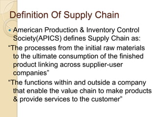 The organized logistics, which is about 6% of the total logistics market, is growing  @ 15-20% a year. Logistics MixLogistics covers the following functional areas, and are termed as Logistics Mix by Martin Cristopher.Information flow- Order registration, order checking & editing, order processing, coordinationWarehousing- Material storage, material handling, site selection & network planning, despatch documentationPackaging- Handling & damage preventionTransportation- Route planning, mode selection & vehicle scheduling