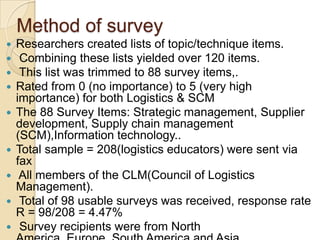 Re-labelingThe relabeling perspective simply renames logistics; what was logistics is now SCM. “Logistics Manager”    =  “Supply Chain Manager”  Supply Chain  = Logistics NetworkRe-labeling narrows the scope of SCM, since SCM equals logisticsLOGISTICS= SCM