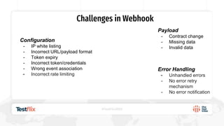 Challenges in Webhook
Payload
- Contract change
- Missing data
- Invalid data
Configuration
- IP white listing
- Incorrect URL/payload format
- Token expiry
- Incorrect token/credentials
- Wrong event association
- Incorrect rate limiting
Error Handling
- Unhandled errors
- No error retry
mechanism
- No error notification
 