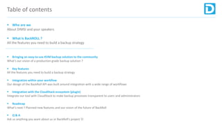 Table of contents
§ Bringing an easy-to-use KVM backup solution to the community
What's our vision of a production grade backup solution ?
§ Key features
All the features you need to build a backup strategy
§ Integration within your workflow
Our design of the BackRoll API was built around integration with a wide range of workflows
§ Integration with the CloudStack ecosystem (plugin)
Integrate our tool with CloudStack to make backup processes transparent to users and administrators
§ Roadmap
What's next ? Planned new features and our vision of the future of BackRoll
§ Q & A
Ask us anything you want about us or BackRoll’s project J
§ Who are we
About DIMSI and your speakers
§ What is BackROLL ?
All the features you need to build a backup strategy
 