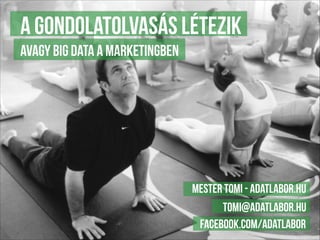 A gondolatolvasás létezik 
avagy Big Data a marketingben 
Mester Tomi - adatlabor.hu 
tomi@adatlabor.hu 
facebook.com/adatlabor 
 
