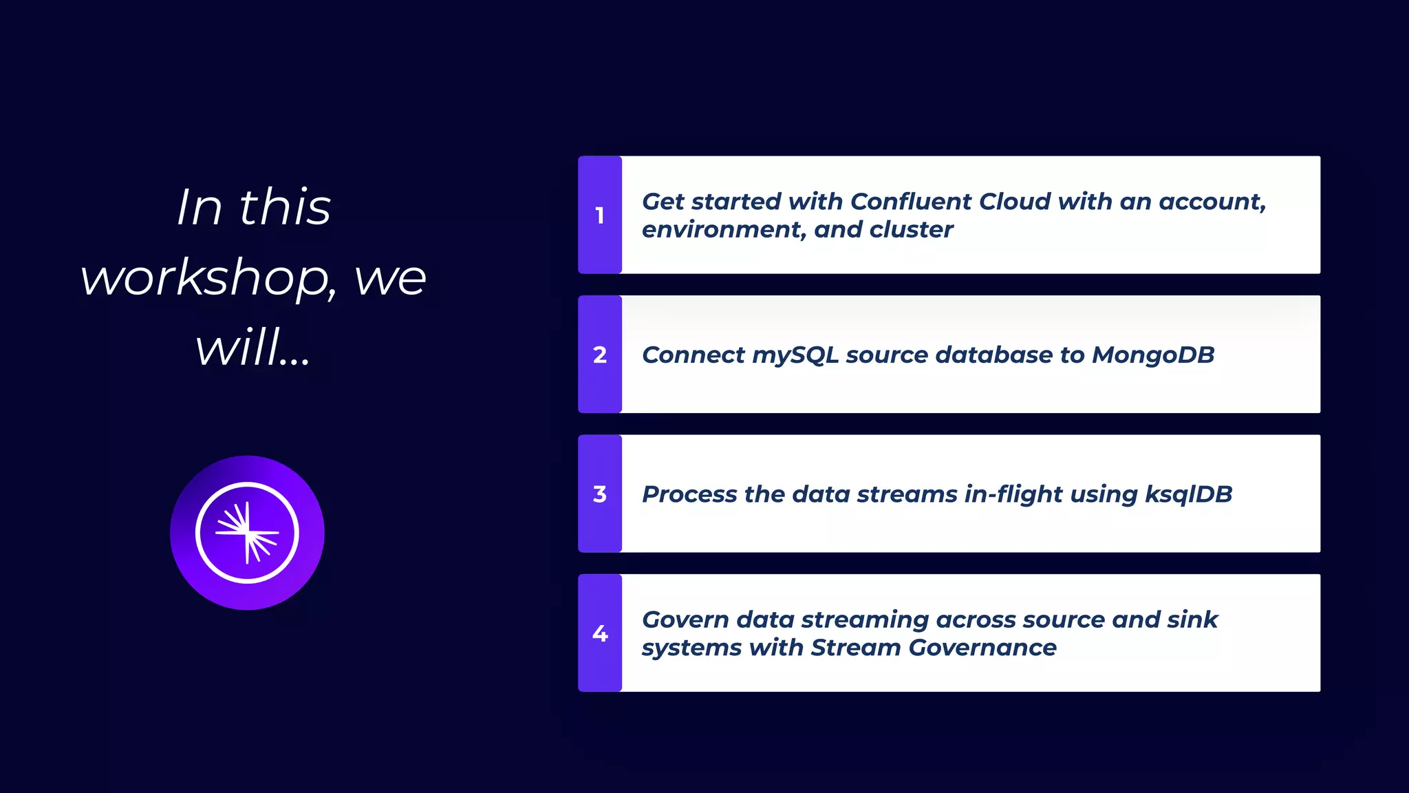 Connect mySQL source database to MongoDB
In this
workshop, we
will…
Get started with Conﬂuent Cloud with an account,
environment, and cluster
Process the data streams in-ﬂight using ksqlDB
1
2
3
Govern data streaming across source and sink
systems with Stream Governance
4
 