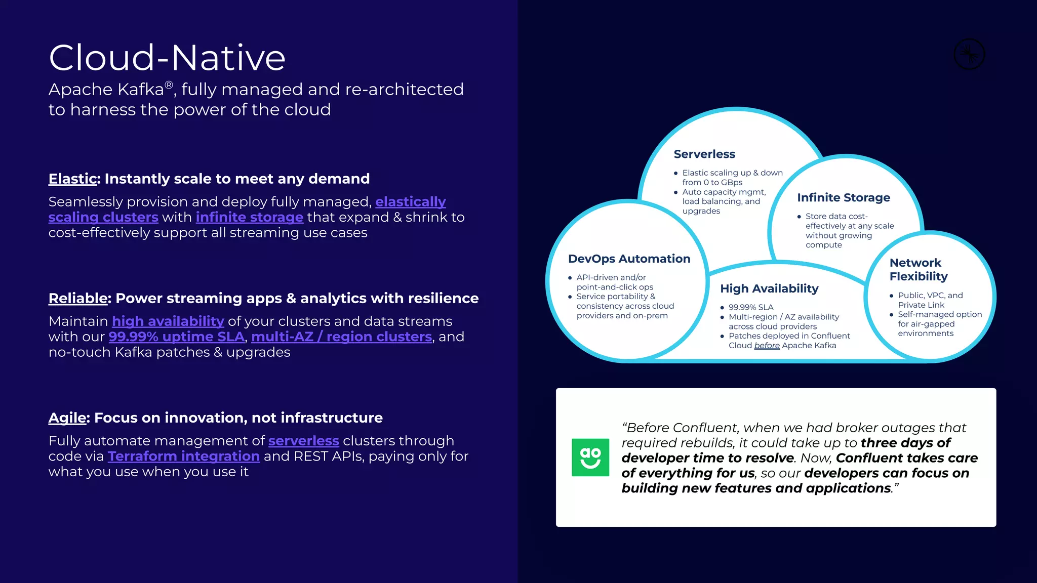 Serverless
● Elastic scaling up &amp; down
from 0 to GBps
● Auto capacity mgmt,
load balancing, and
upgrades
High Availability
● 99.99% SLA
● Multi-region / AZ availability
across cloud providers
● Patches deployed in Conﬂuent
Cloud before Apache Kafka
Inﬁnite Storage
● Store data cost-
effectively at any scale
without growing
compute
DevOps Automation
● API-driven and/or
point-and-click ops
● Service portability &amp;
consistency across cloud
providers and on-prem
Network
Flexibility
● Public, VPC, and
Private Link
● Self-managed option
for air-gapped
environments
Elastic: Instantly scale to meet any demand
Seamlessly provision and deploy fully managed, elastically
scaling clusters with inﬁnite storage that expand &amp; shrink to
cost-effectively support all streaming use cases
Reliable: Power streaming apps &amp; analytics with resilience
Maintain high availability of your clusters and data streams
with our 99.99% uptime SLA, multi-AZ / region clusters, and
no-touch Kafka patches &amp; upgrades
Agile: Focus on innovation, not infrastructure
Fully automate management of serverless clusters through
code via Terraform integration and REST APIs, paying only for
what you use when you use it
Cloud-Native
Apache Kafka®
, fully managed and re-architected
to harness the power of the cloud
“Before Conﬂuent, when we had broker outages that
required rebuilds, it could take up to three days of
developer time to resolve. Now, Conﬂuent takes care
of everything for us, so our developers can focus on
building new features and applications.”
 