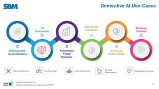 Generative AI Use-Cases
45
Eliminate Errors
AI Document
Understanding
AI
Interviewer
Automated
Ticket
Resolver
AI Human
Avatar Kiosk
Strategic
Chatbot
Call Center
Assistant
Cost Savings User Experience
Reduce
Redundancy
Streamline Process
 