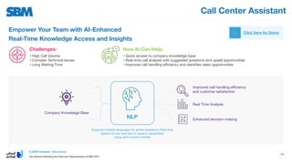 Call Center Assistant
Click Here for Demo
Empower Your Team with AI-Enhanced
Real-Time Knowledge Access and Insights
How AI Can Help:
Challenges:
• High Call Volume
• Complex Technical Issues
• Long Waiting Time
• Quick access to company knowledge base
• Real-time call analysis with suggested questions and upsell opportunities
• Improves call handling eﬃciency and identiﬁes sales opportunities
Improved call handling eﬃciency
and customer satisfaction
NLP
Supports multiple languages for global operations Real-time
speech-to-text and text-to-speech capabilities
using open-source models
Company Knowledge Base
Real Time Analysis
Enhanced decision-making
49
 