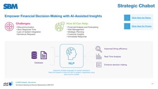 Strategic Chabot
Click Here for Demo
Empower Financial Decision-Making with AI-Assisted Insights
How AI Can Help:
Challenges:
• Miscommunication
• Slow Response Time
• Lack of System Integration
• Numerous Requests
• Financial Analysis and Forecasting
• Risk Management
• Strategic Planning
• Customer Insights
• Immediate Response
Click Here for Promo
Improved Hiring eﬃciency
NLP
Supports multiple languages for global operations
Real-time speech-to-text and text-to-speech capabilities using
open-source models
Database
Real Time Analysis
Enhance decision making
51
 