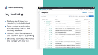 Log monitoring
● Scalable, centralized log
monitoring for hybrid cloud
● Detect patterns and outliers
with log categorization and
anomaly detection
● Powerful cross cluster search
that searches across everything
● Efficiently optimize performance
and storage with data tiers
 