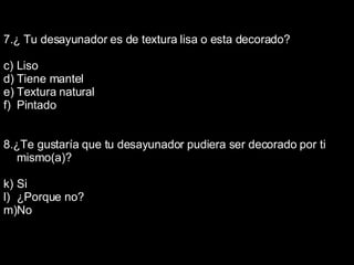 7.¿ Tu desayunador es de textura lisa o esta decorado? Liso Tiene mantel Textura natural Pintado 8.¿Te gustaría que tu desayunador pudiera ser decorado por ti mismo(a)? Si ¿Porque no? No 
