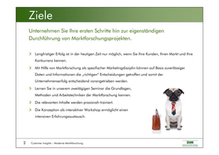 Customer Insights – Moderne Marktforschung2
Langfristiger Erfolg ist in der heutigen Zeit nur möglich, wenn Sie Ihre Kunden, Ihren Markt und Ihre
Konkurrenz kennen.
Mit Hilfe von Marktforschung als spezifischer Marketingdisziplin können auf Basis zuverlässiger
Daten und Informationen die „richtigen“ Entscheidungen getroffen und somit der
Unternehmenserfolg entscheidend vorangetrieben werden.
Lernen Sie in unserem zweitägigen Seminar die Grundlagen,
Methoden und Arbeitstechniken der Marktforschung kennen.
Die relevanten Inhalte werden praxisnah trainiert.
Die Konzeption als interaktiver Workshop ermöglicht einen
intensiven Erfahrungsaustausch.
Unternehmen Sie Ihre ersten Schritte hin zur eigenständigen
Durchführung von Marktforschungsprojekten.
Ziele
 
