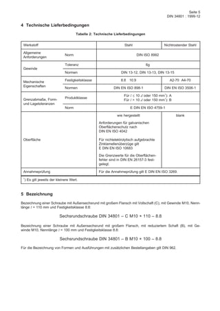 Seite 5
DIN 34801 : 1999-12
4 Technische Lieferbedingungen
Tabelle 2: Technische Lieferbedingungen
Werkstoff Stahl Nichtrostender Stahl
Allgemeine
Anforderungen
Norm DIN ISO 8992
Gewinde
Toleranz 6g
Normen DIN 13-12, DIN 13-13, DIN 13-15
Mechanische
Eigenschaften
Festigkeitsklasse 8.8 10.9 A2-70 A4-70
Normen DIN EN ISO 898-1 DIN EN ISO 3506-1
Grenzabmaße, Form-
und Lagetoleranzen
Produktklasse
Für l ≤ 10 d oder 150 mm1
): A
Für l > 10 d oder 150 mm1
): B
Norm E DIN EN ISO 4759-1
Oberfläche
wie hergestellt blank
Anforderungen für galvanischen
Oberflächenschutz nach
DIN EN ISO 4042
Für nichtelektrolytisch aufgebrachte
Zinklamellenüberzüge gilt
E DIN EN ISO 10683
Die Grenzwerte für die Oberflächen-
fehler sind in DIN EN 26157-3 fest-
gelegt.
Annahmeprüfung Für die Annahmeprüfung gilt E DIN EN ISO 3269.
1
) Es gilt jeweils der kleinere Wert.
5 Bezeichnung
Bezeichnung einer Schraube mit Außensechsrund mit großem Flansch mit Vollschaft (C), mit Gewinde M10, Nenn-
länge l = 110 mm und Festigkeitsklasse 8.8:
Sechsrundschraube DIN 34801 – C M10 × 110 – 8.8
Bezeichnung einer Schraube mit Außensechsrund mit großem Flansch, mit reduziertem Schaft (B), mit Ge-
winde M10, Nennlänge l = 100 mm und Festigkeitsklasse 8.8:
Sechsrundschraube DIN 34801 – B M10 × 100 – 8.8
Für die Bezeichnung von Formen und Ausführungen mit zusätzlichen Bestellangaben gilt DIN 962.
 