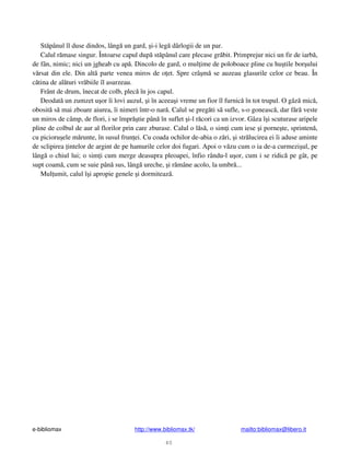 e-bibliomax http://www.bibliomax.tk/ mailto:bibliomax@libero.it
40
St pânul îl duse dindos, lâng un gard, i-i leg dârlogii de un par.
Calul r mase singur. Întoarse capul dup st pânul care plecase gr bit. Primprejur nici un fir de iarb ,
de fân, nimic; nici un jgheab cu ap . Dincolo de gard, o mul ime de poloboace pline cu hu tile bor ului
v rsat din ele. Din alt parte venea miros de o et. Spre crâ m se auzeau glasurile celor ce beau. În
c tina de al turi vr biile îl asurzeau.
Frânt de drum, înecat de colb, plec în jos capul.
Deodat un zumzet u or îi lovi auzul, i în aceea i vreme un fior îl furnic în tot trupul. O gâz mic ,
obosit s mai zboare aiurea, îi nimeri într-o nar . Calul se preg ti s sufle, s-o goneasc , dar f r veste
un miros de câmp, de flori, i se împr tie pân în suflet i-l r cori ca un izvor. Gâza î i scuturase aripele
pline de colbul de aur al florilor prin care zburase. Calul o l s , o sim i cum iese i porne te, sprinten ,
cu picioru ele m runte, în susul frun ei. Cu coada ochilor de-abia o z ri, i str lucirea ei îi aduse aminte
de sclipirea intelor de argint de pe hamurile celor doi fugari. Apoi o v zu cum o ia de-a curmezi ul, pe
lâng o chiul lui; o sim i cum merge deasupra pleoapei, înfio rându-l u or, cum i se ridic pe gât, pe
supt coam , cum se suie pân sus, lâng ureche, i r mâne acolo, la umbr ...
Mul umit, calul î i apropie genele i dormiteaz .
 