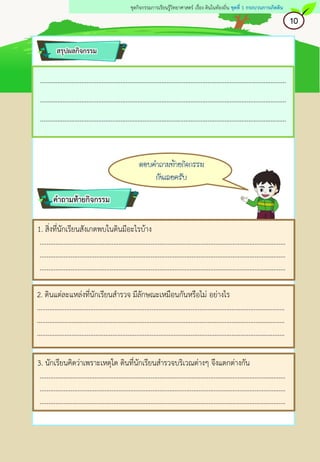 ................................................................................................................................................
................................................................................................................................................
................................................................................................................................................
สรุปผลกิจกรรม
คาถามท้ายกิจกรรม
2. ดินแต่ละแหล่งที่นักเรียนสำรวจ มีลักษณะเหมือนกันหรือไม่ อย่างไร
.................................................................................................................................................
.................................................................................................................................................
.................................................................................................................................................
ตอบคาถามท้ายกิจกรรม
กันเลยครับ
3. นักเรียนคิดว่าเพราะเหตุใด ดินที่นักเรียนสารวจบริเวณต่างๆ จึงแตกต่างกัน
................................................................................................................................................
................................................................................................................................................
................................................................................................................................................
10
ชุดกิจกรรมการเรียนรู้วิทยาศาสตร์ เรื่อง ดินในท้องถิ่น ชุดที่ 1 กระบวนการเกิดดิน
1. สิ่งที่นักเรียนสังเกตพบในดินมีอะไรบ้าง
................................................................................................................................................
................................................................................................................................................
................................................................................................................................................
 