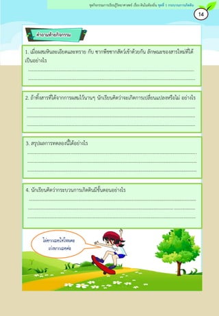 1. เมื่อผสมหินละเอียดและทราย กับ ซากพืชซากสัตว์เข้าด้วยกัน ลักษณะของสารใหม่ที่ได้
เป็นอย่างไร
..............................................................................................................................................
...............................................................................................................................................
คาถามท้ายกิจกรรม
3. สรุปผลการทดลองนี้ได้อย่างไร
.................................................................................................................................................
.................................................................................................................................................
.................................................................................................................................................
2. ถ้าทิ้งสารที่ได้จากการผสมไว้นานๆ นักเรียนคิดว่าจะเกิดการเปลี่ยนแปลงหรือไม่ อย่างไร
................................................................................................................................................
................................................................................................................................................
................................................................................................................................................
4. นักเรียนคิดว่ากระบวนการเกิดดินมีขั้นตอนอย่างไร
...............................................................................................................................................
...............................................................................................................................................
................................................................................................................................................
14
ชุดกิจกรรมการเรียนรู้วิทยาศาสตร์ เรื่อง ดินในท้องถิ่น ชุดที่ 1 กระบวนการเกิดดิน
ไม่ยากเลยใช่ไหมคะ
เก่งมากเลยค่ะ
 