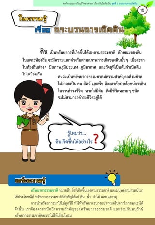 ดิน เป็นทรัพยากรที่เกิดขึ้นได้เองตามธรรมชาติ ลักษณะของดิน
ในแต่ละท้องถิ่น จะมีความแตกต่างกันตามสภาพการเกิดของดินนั้นๆ เนื่องจาก
ในท้องถิ่นต่างๆ มีสภาพภูมิประเทศ ภูมิอากาศ และวัตถุที่เป็นต้นกาเนิดดิน
ไม่เหมือนกัน
รู้ไหมว่า...
ดินเกิดขึ้นได้อย่างไร?
ดินจึงเป็นทรัพยากรธรรมชาติมีความสาคัญต่อสิ่งมีชีวิต
ไม่ว่าจะเป็น คน สัตว์ และพืช ต้องอาศัยประโยชน์จากดิน
ในการดารงชีวิต หากไม่มีดิน สิ่งมีชีวิตหลายๆ ชนิด
จะไม่สามารถดารงชีวิตอยู่ได้
ทรัพยากรธรรมชาติ หมายถึง สิ่งที่เกิดขึ้นเองตามธรรมชาติ และมนุษย์สามารถนามา
ใช้ประโยชน์ได้ ทรัพยากรธรรมชาติที่สาคัญได้แก่ ดิน น้า ป่าไม้ และ แร่ธาตุ
การนาทรัพยากรมาใช้ไม่ถูกวิธี ทาให้ทรัพยากรบางอย่างหมดไปจากโลกของเราได้
ดังนั้น เราต้องตระหนักถึงความสาคัญของทรัพยากรธรรมชาติ และร่วมกันอนุรักษ์
ทรัพยากรธรรมชาติของเราไม่ให้เสื่อมโทรม
15
ชุดกิจกรรมการเรียนรู้วิทยาศาสตร์ เรื่อง ดินในท้องถิ่น ชุดที่ 1 กระบวนการเกิดดิน
 