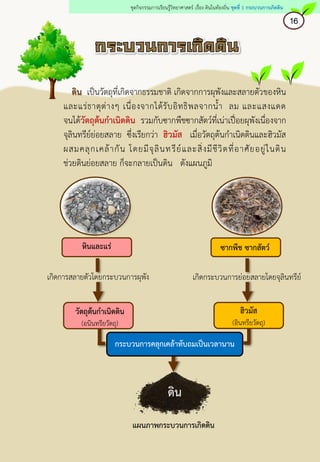 เกิดการสลายตัวโดยกระบวนการผุพัง
แผนภาพกระบวนการเกิดดิน
หินและแร่ ซากพืช ซากสัตว์
ฮิวมัส
(อินทรียวัตถุ)
วัตถุต้นกาเนิดดิน
(อนินทรียวัตถุ)
เกิดกระบวนการย่อยสลายโดยจุลินทรีย์
ดิน
กระบวนการคลุกเคล้าทับถมเป็นเวลานาน
ดิน เป็นวัตถุที่เกิดจากธรรมชาติ เกิดจากการผุพังและสลายตัวของหิน
และแร่ธาตุต่างๆ เนื่องจากได้รับอิทธิพลจากน้า ลม และแสงแดด
จนได้วัตถุต้นกาเนิดดิน รวมกับซากพืชซากสัตว์ที่เน่าเปื่อยผุพังเนื่องจาก
จุลินทรีย์ย่อยสลาย ซึ่งเรียกว่า ฮิวมัส เมื่อวัตถุต้นกาเนิดดินและฮิวมัส
ผสมคลุกเคล้ากัน โดยมีจุลินทรีย์และสิ่งมีชีวิตที่อาศัยอยู่ในดิน
ช่วยดินย่อยสลาย ก็จะกลายเป็นดิน ดังแผนภูมิ
16
ชุดกิจกรรมการเรียนรู้วิทยาศาสตร์ เรื่อง ดินในท้องถิ่น ชุดที่ 1 กระบวนการเกิดดิน
 