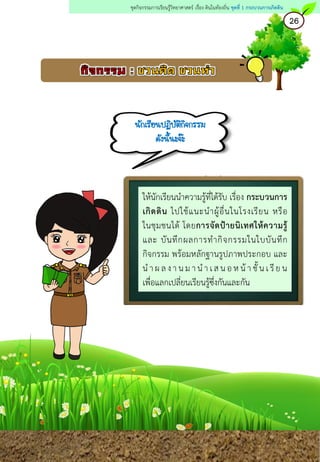 นักเรียนปฏิบัติกิจกรรม
ดังนี้นะจ๊ะ
ให้นักเรียนนาความรู้ที่ได้รับ เรื่อง กระบวนการ
เกิดดิน ไปใช้แนะนาผู้อื่นในโรงเรียน หรือ
ในชุมชนได้ โดยการจัดป้ายนิเทศให้ความรู้
และ บันทึกผลการทากิจกรรมในใบบันทึก
กิจกรรม พร้อมหลักฐานรูปภาพประกอบ และ
นา ผ ลงา นม า นา เส นอ ห น้า ชั้นเ รีย น
เพื่อแลกเปลี่ยนเรียนรู้ซึ่งกันและกัน
26
ชุดกิจกรรมการเรียนรู้วิทยาศาสตร์ เรื่อง ดินในท้องถิ่น ชุดที่ 1 กระบวนการเกิดดิน
 