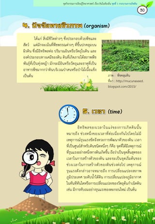 ได้แก่ สิ่งมีชีวิตต่างๆ ซึ่งประกอบด้วยพืชและ
สัตว์ แต่มักจะเน้นที่พืชพรรณต่างๆ ที่ขึ้นปกคลุมบน
ผิวดิน ซึ่งมีอิทธิพลต่อ ปริมาณอินทรียวัตถุในดิน และ
องค์ประกอบทางเคมีของดิน ดินที่เกิดภายใต้สภาพพืช
พันธุ์ที่เป็นทุ่งหญ้า มักจะมีอินทรียวัตถุและธาตุที่เป็น
อาหารพืชมากกว่าดินบริเวณป่าสนหรือป่าไม้เนื้อแข็ง
เป็นต้น
(organism)
(time)
อิทธิพลของเวลาในแง่ของการเกิดดินนั้น
หมายถึง ช่วงหนึ่งของเวลาที่ต่อเนื่องกันไปโดยไม่มี
เหตุการณ์รุนแรงขัดจังหวะการพัฒนาตัวของดิน เวลา
ที่เป็นศูนย์สาหรับดินชนิดหนึ่งๆ ก็คือ จุดที่ได้มีเหตุการณ์
ที่รุนแรงอย่างหนึ่งทางดินเกิดขึ้น ถือว่าเป็นจุดสิ้นสุดของ
เวลาในการสร้างตัวของดิน และจะเป็นจุดเริ่มต้นของ
ช่วงเวลาในการสร้างตัวของดินช่วงต่อไป เหตุการณ์
รุนแรงดังกล่าวอาจหมายถึง การเปลี่ยนแปลงสภาพ
ภูมิประเทศ ระดับน้าใต้ดิน การเปลี่ยนแปลงภูมิอากาศ
ในทันทีทันใดหรือการเปลี่ยนแปลงของวัตถุต้นกาเนิดดิน
เช่น มีการทับถมอย่างรุนแรงของตะกอนใหม่ เป็นต้น
ภาพ : พืชคลุมดิน
ที่มา : http://mucunaseed.
blogspot.com/2015/
30
ชุดกิจกรรมการเรียนรู้วิทยาศาสตร์ เรื่อง ดินในท้องถิ่น ชุดที่ 1 กระบวนการเกิดดิน
 