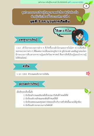 ชุดกิจกรรมการเรียนรู้วิทยาศาสตร์ เรื่อง ดินในท้องถิ่น
สาหรับนักเรียนชั้นประถมศึกษาปีที่ 4
ชุดที่ 1 กระบวนการเกิดดิน
ว 6.1 เข้าใจกระบวนการต่าง ๆ ที่เกิดขึ้นบนผิวโลกและภายในโลก ความสัมพันธ์
ของกระบวนการต่าง ๆ ที่มีผลต่อการเปลี่ยนแปลงภูมิอากาศ ภูมิประเทศ และสัณฐานของโลก
มีกระบวนการสืบเสาะหาความรู้และจิตวิทยาศาสตร์ สื่อสารสิ่งที่เรียนรู้และนาความรู้
ไปใช้ประโยชน์
มาตรฐานการเรียนรู้
ว 6.1 ป.4/1 สารวจและอธิบายการเกิดดิน
ตัวชี้วัด
เมื่อเรียนจบเรื่องนี้แล้ว
1. นักเรียนสารวจและสังเกตสิ่งที่ปะปนมากับดินที่กาหนดให้ได้
2. นักเรียนอธิบายลักษณะของดินที่กาหนดให้ได้
3. นักเรียนทดลองและสรุปผลการทดลองเกี่ยวกับการสร้างดินขึ้นมาเองได้ถูกต้อง
4. นักเรียนอธิบายกระบวนการเกิดดินได้
จุดประสงค์การเรียนรู้
ใช้เวลา 2 ชั่วโมง
3
ชุดกิจกรรมการเรียนรู้วิทยาศาสตร์ เรื่อง ดินในท้องถิ่น ชุดที่ 1 กระบวนการเกิดดิน
 