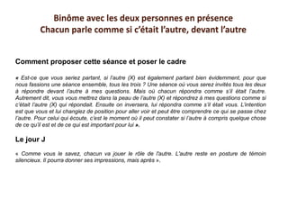 Comment proposer cette séance et poser le cadre
« Est-ce que vous seriez partant, si l’autre (X) est également partant bien évidemment, pour que
nous fassions une séance ensemble, tous les trois ? Une séance où vous serez invités tous les deux
à répondre devant l’autre à mes questions. Mais où chacun répondra comme s’il était l’autre.
Autrement dit, vous vous mettrez dans la peau de l’autre (X) et répondrez à mes questions comme si
c’était l’autre (X) qui répondait. Ensuite on inversera, lui répondra comme s’il était vous. L’intention
est que vous et lui changiez de position pour aller voir et peut être comprendre ce qui se passe chez
l’autre. Pour celui qui écoute, c’est le moment où il peut constater si l’autre à compris quelque chose
de ce qu’il est et de ce qui est important pour lui ».
Le jour J
« Comme vous le savez, chacun va jouer le rôle de l'autre. L'autre reste en posture de témoin
silencieux. Il pourra donner ses impressions, mais après ».
Binôme avec les deux personnes en présence
Chacun parle comme si c’était l’autre, devant l’autre
 