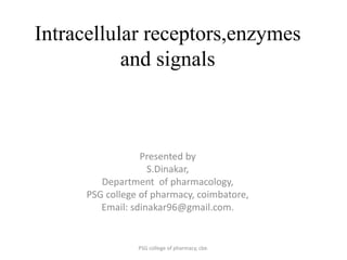 Intracellular receptors,enzymes
and signals
Presented by
S.Dinakar,
Department of pharmacology,
PSG college of pharmacy, coimbatore,
Email: sdinakar96@gmail.com.
PSG college of pharmacy, cbe.
 