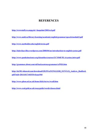 REFERENCES


http://wwwstaff.eva.mpg.de/~haspelmt/2001wcl.pdf


http://www.nald.ca/library/learning/academic/english/grammar/speech/module5.pdf


http://www.methodist.edu/english/terms.pdf


http://luluvikar.files.wordpress.com/2008/04/an-introduction-to-english-syntax.pdf


http://www.punksinscience.org/kleanthes/courses/UCY04F/PLA/syntax.intro.pdf


http://grammar.about.com/od/basicsentencegrammar/a/POS.htm


http://dc381.4shared.com/download/EfG9Vtc5/ENGLISH_SYNTAX_Andrew_Radford.
pdf?tsid=20111017-041934-feaac944


http://www.phon.ucl.ac.uk/home/dick/tta/wc/wcall.htm


http://www.real.gold.ac.uk/essayguide/words/classes.html




                                                                                     15
 