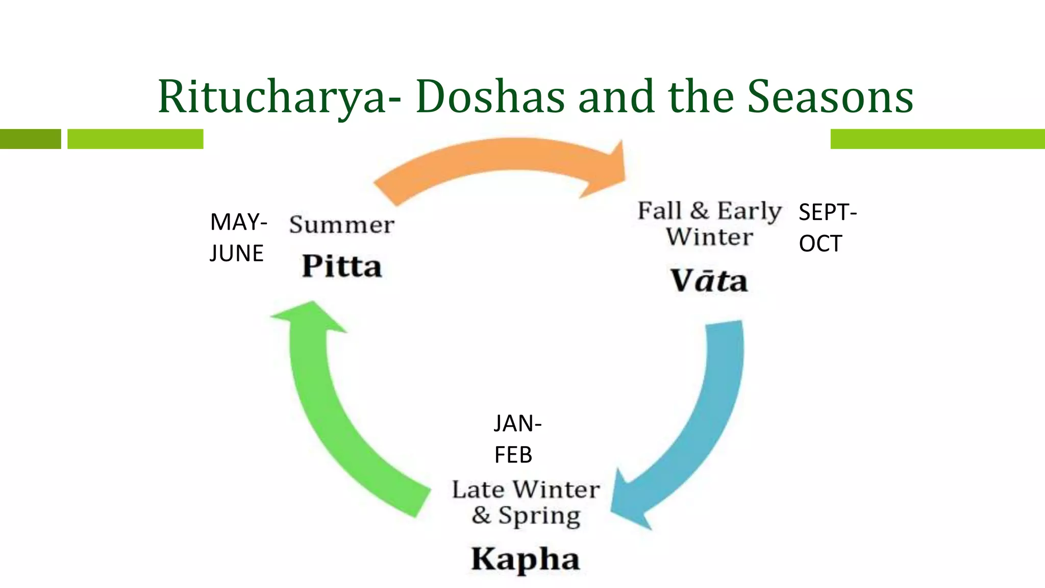 Ritucharya- Doshas and the Seasons
MAY-
JUNE
SEPT-
OCT
JAN-
FEB
 