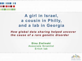 Yaniv Erlich14 September 2016 @dinazielinski
How global data sharing helped uncover
the cause of a rare genetic disorder
D ina Zielinski
As s oc iate Sc ientis t
Er lic h lab
A girl in Israel,
a cousin in Philly,
and a lab in Georgia
 