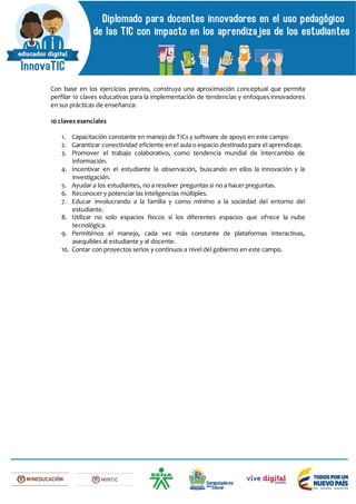 Con base en los ejercicios previos, construya una aproximación conceptual que permita
perfilar 10 claves educativas para la implementación de tendencias y enfoques innovadores
en sus prácticas de enseñanza:
10 claves esenciales
1. Capacitación constante en manejo de TICs y software de apoyo en este campo
2. Garantizar conectividad eficiente en el aula o espacio destinado para el aprendizaje.
3. Promover el trabajo colaborativo, como tendencia mundial de intercambio de
información.
4. Incentivar en el estudiante la observación, buscando en ellos la innovación y la
investigación.
5. Ayudar a los estudiantes, no a resolver preguntas si no a hacer preguntas.
6. Reconocer y potenciar las inteligencias múltiples.
7. Educar involucrando a la familia y como mínimo a la sociedad del entorno del
estudiante.
8. Utilizar no solo espacios físicos si los diferentes espacios que ofrece la nube
tecnológica.
9. Permitirnos el manejo, cada vez más constante de plataformas interactivas,
asequibles al estudiante y al docente.
10. Contar con proyectos serios y continuos a nivel del gobierno en este campo.
 